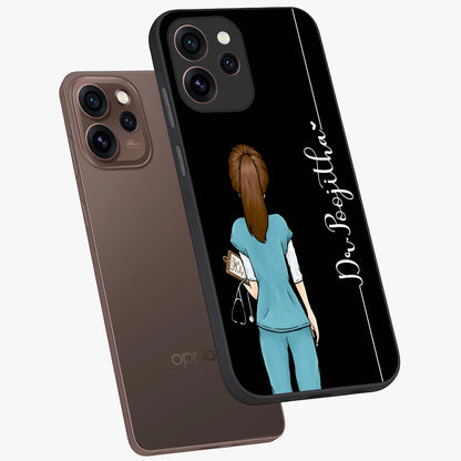 Doctor Pattern Custom Name Glass Case displayed in angled mockup highlighting doctor inspired artwork with custom name feature.