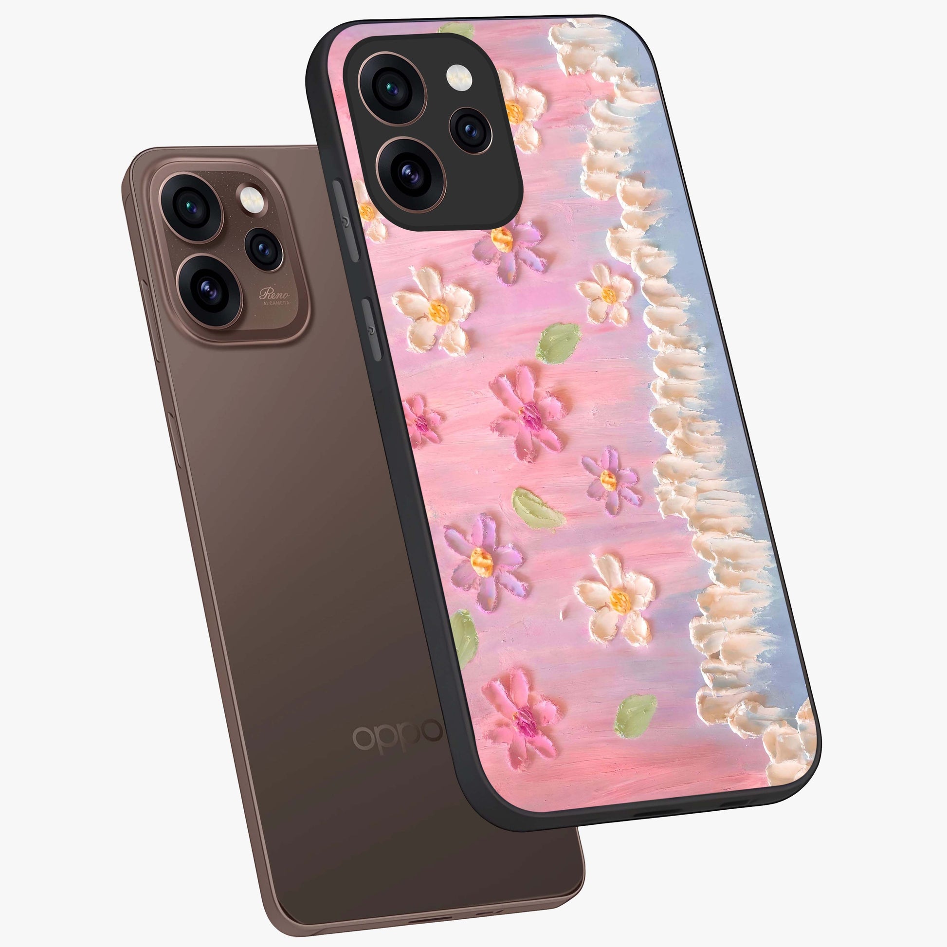 Dreamy Painted Garden Glass Case displayed in angled mockup highlighting colorful garden illustration with dreamy aesthetic style.