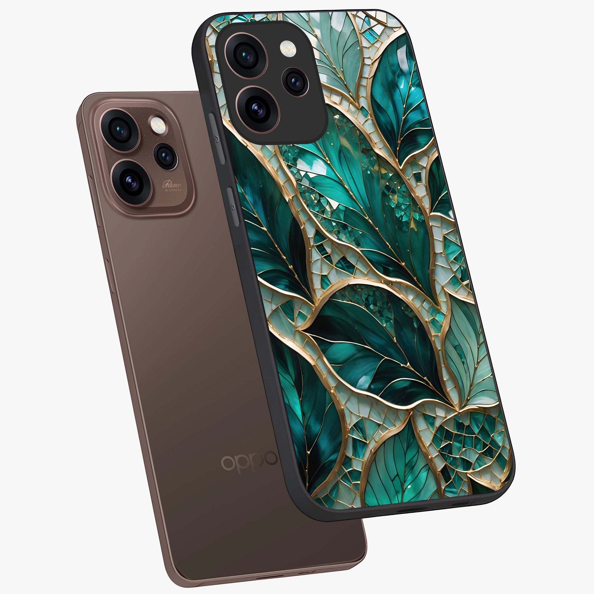Emerald Leaf Glass Glass Case displayed in angled mockup highlighting botanical leaf illustration with elegant natural aesthetic.