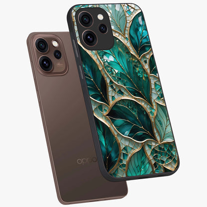Emerald Leaf Glass Glass Case displayed in angled mockup highlighting botanical leaf illustration with elegant natural aesthetic.