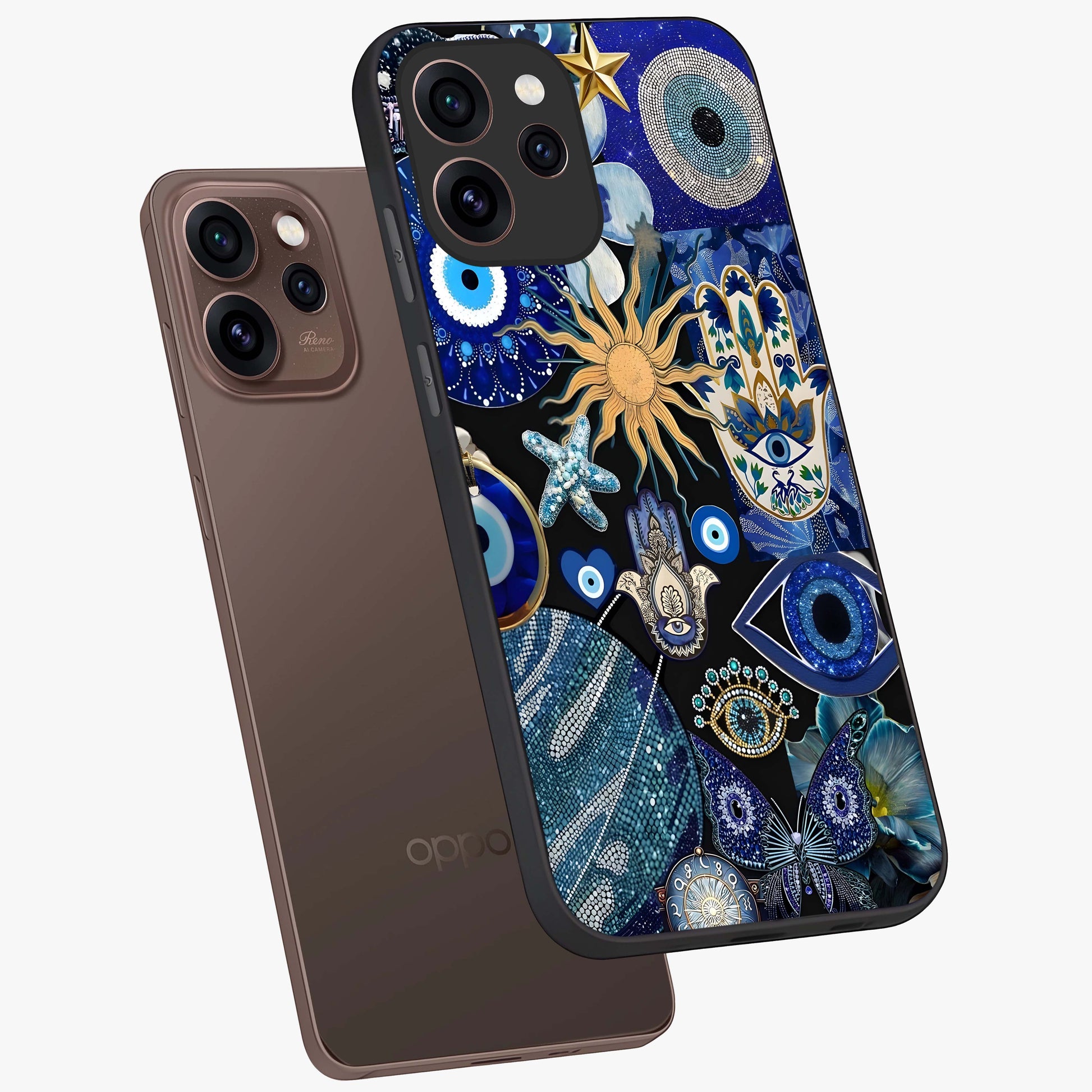 Evil Eye Charm Mix Glass Case displayed in angled mockup highlighting protective evil eye symbols with spiritual aesthetic design.