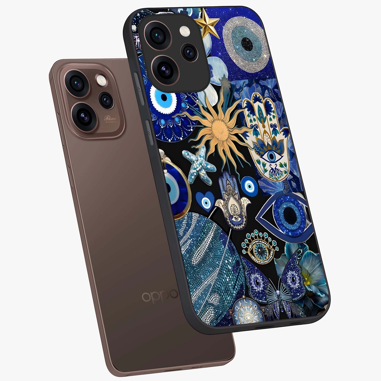 Evil Eye Charm Mix Glass Case displayed in angled mockup highlighting protective evil eye symbols with spiritual aesthetic design.