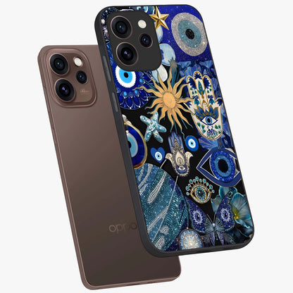 Evil Eye Charm Mix Glass Case displayed in angled mockup highlighting protective evil eye symbols with spiritual aesthetic design.