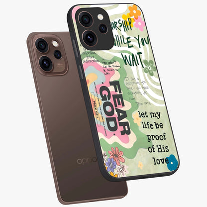 Faith Over Fear Glass Case displayed in angled mockup highlighting inspirational message design with modern aesthetic style.