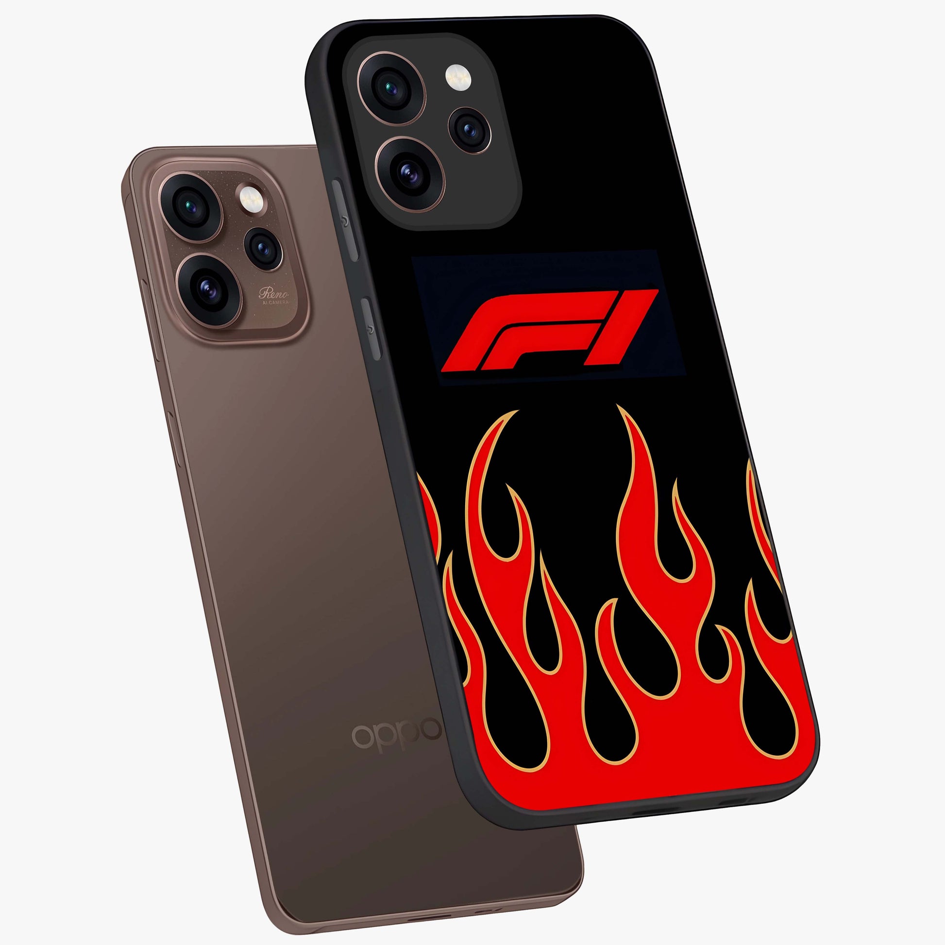 Fire F11 Glass Case displayed in angled mockup highlighting bold fire inspired graphic with energetic aesthetic style.