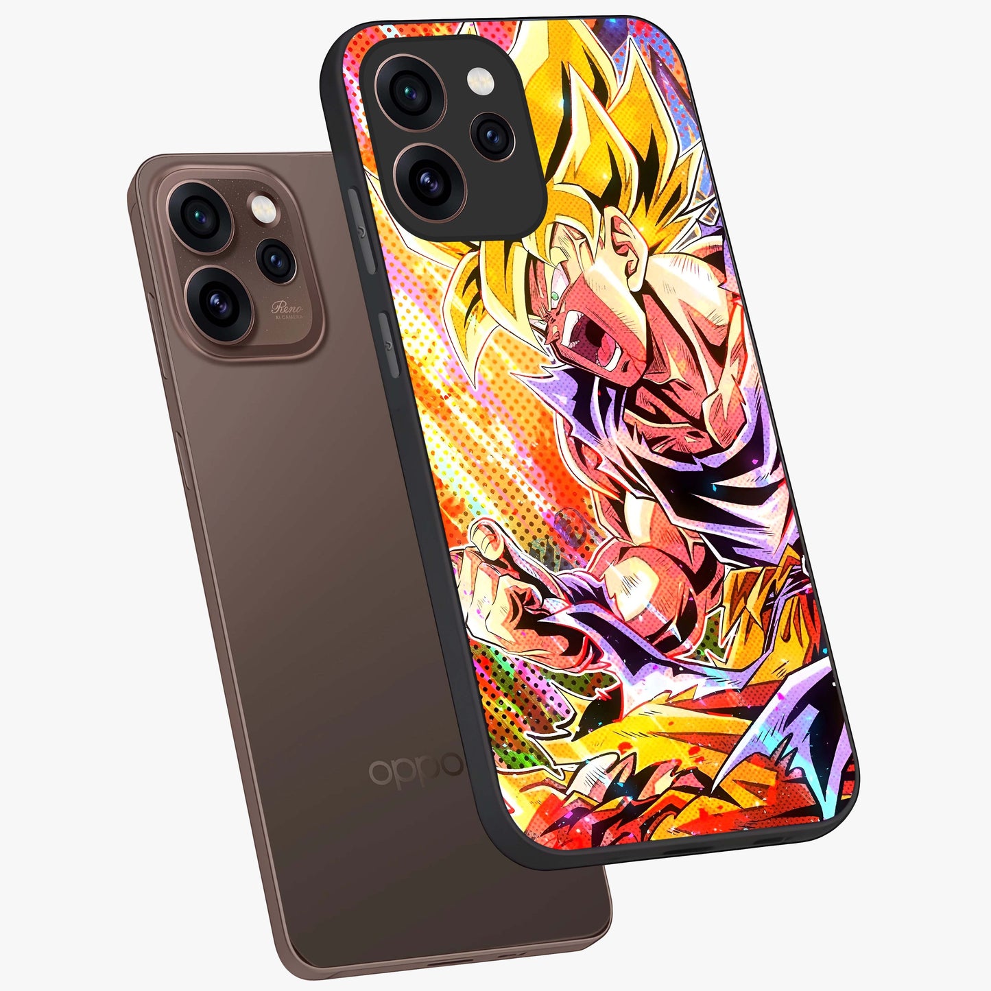 Firing Goku Glass Case displayed in angled mockup highlighting dynamic anime character design with action aesthetic.