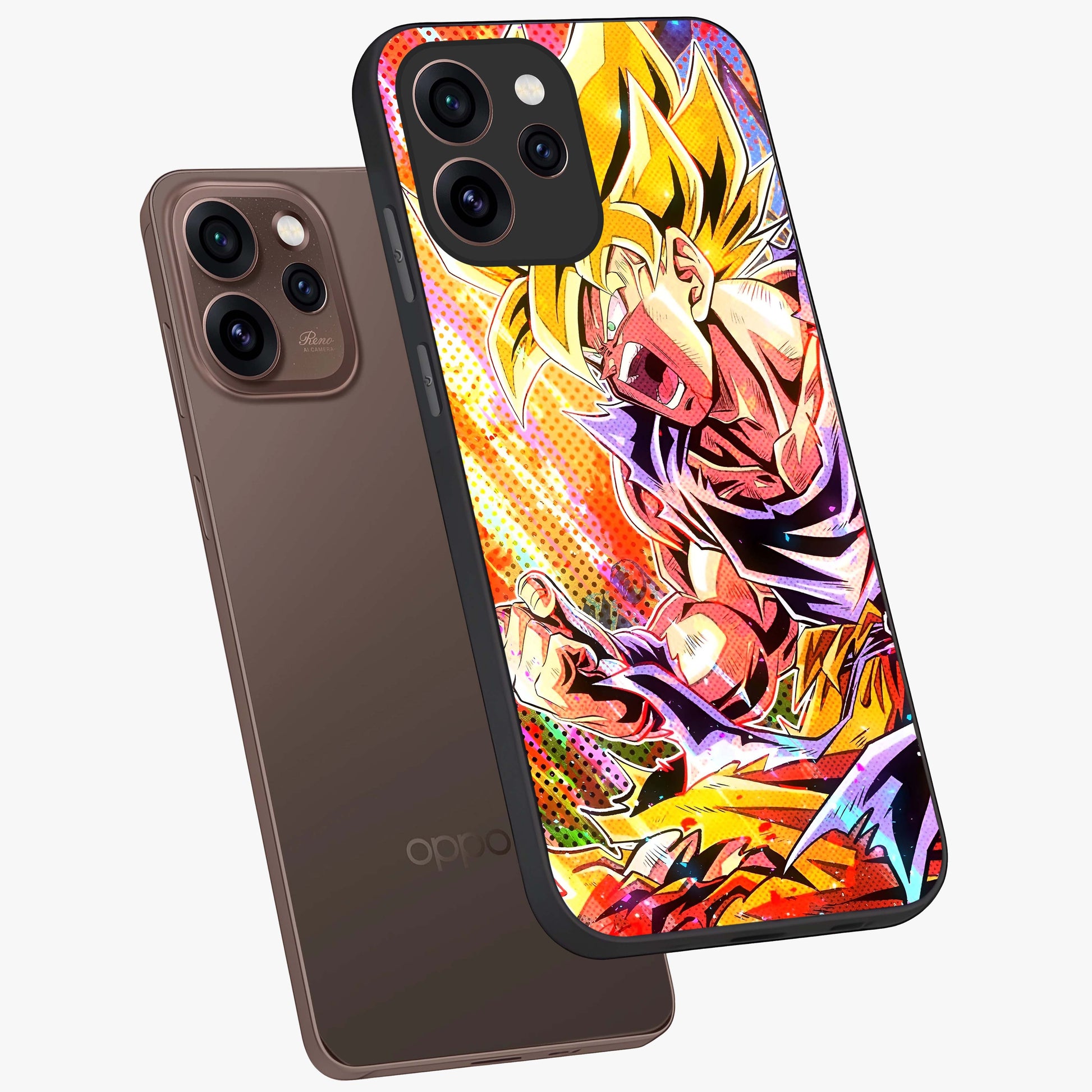 Firing Goku Glass Case displayed in angled mockup highlighting dynamic anime character design with action aesthetic.