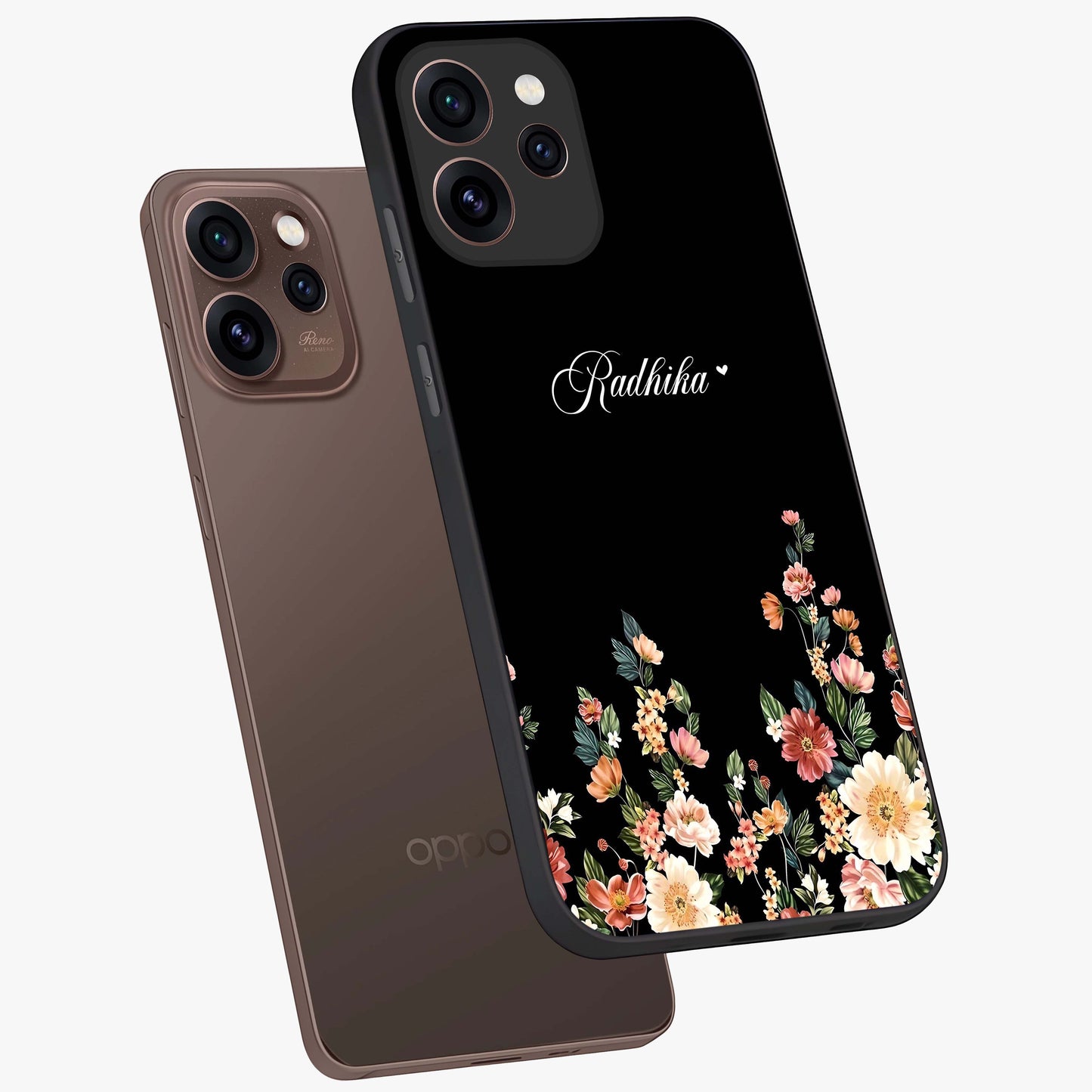 Floral Design With a Custom Personalized Name Glass Case displayed in angled mockup highlighting elegant floral pattern with custom name feature.