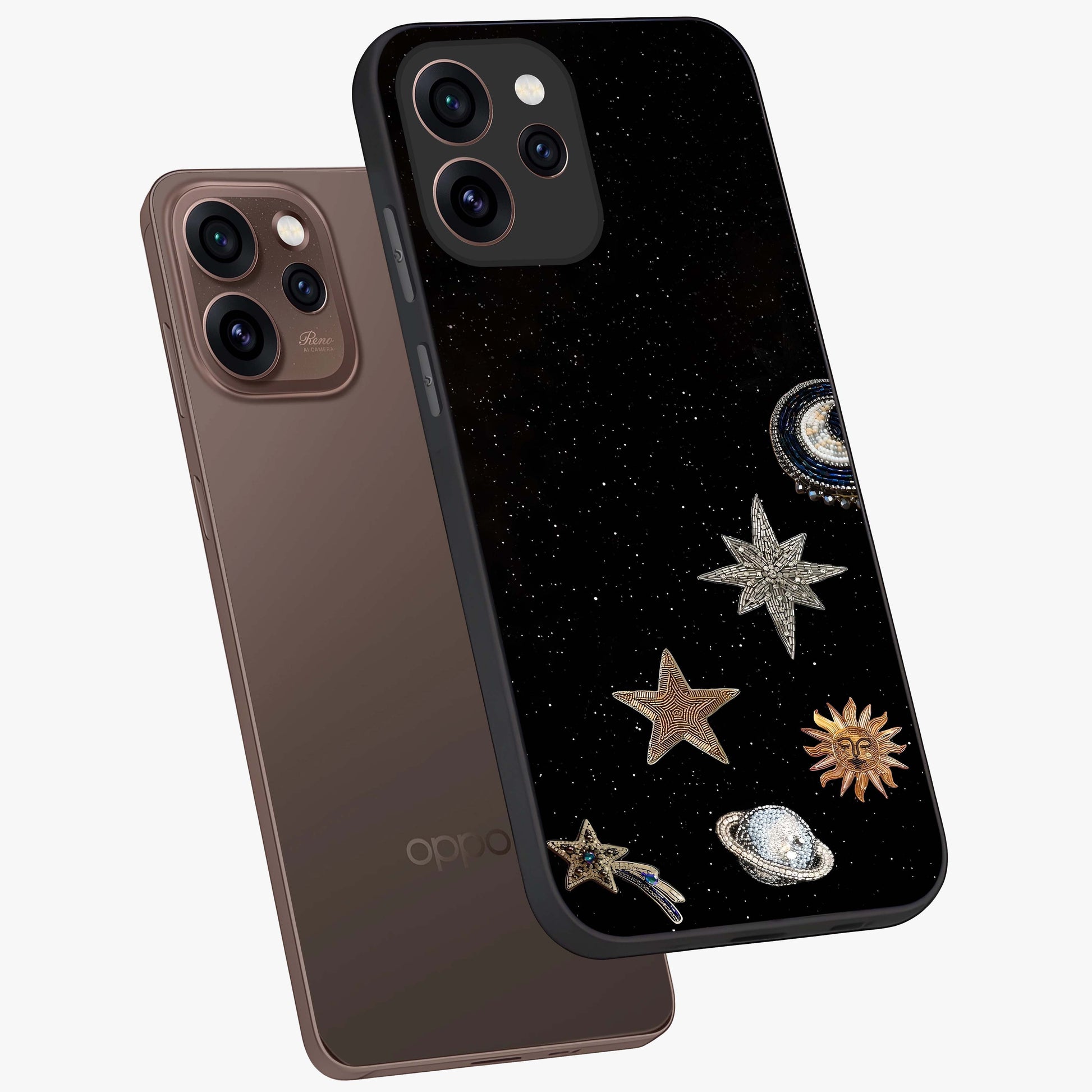 Galactic Charm Glow Glass Case displayed in angled mockup highlighting luminous galaxy inspired design with dreamy aesthetic.