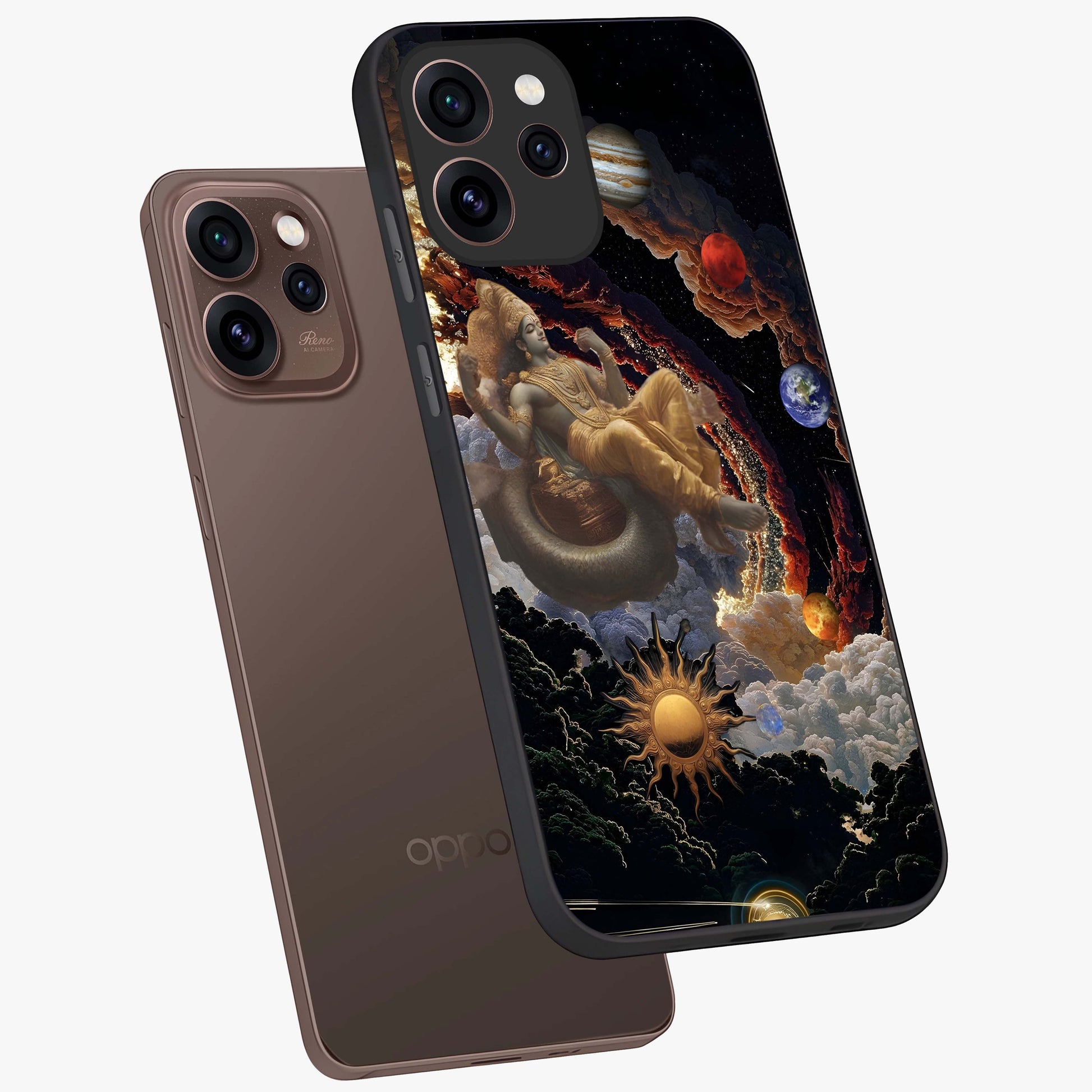 Galactic Divine God Glass Case displayed in angled mockup highlighting powerful celestial deity illustration with galactic aesthetic.