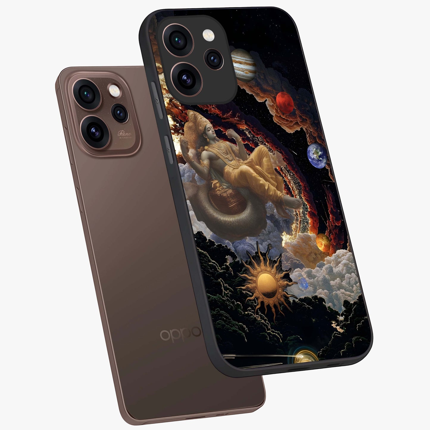 Galactic Divine God Glass Case displayed in angled mockup highlighting powerful celestial deity illustration with galactic aesthetic.