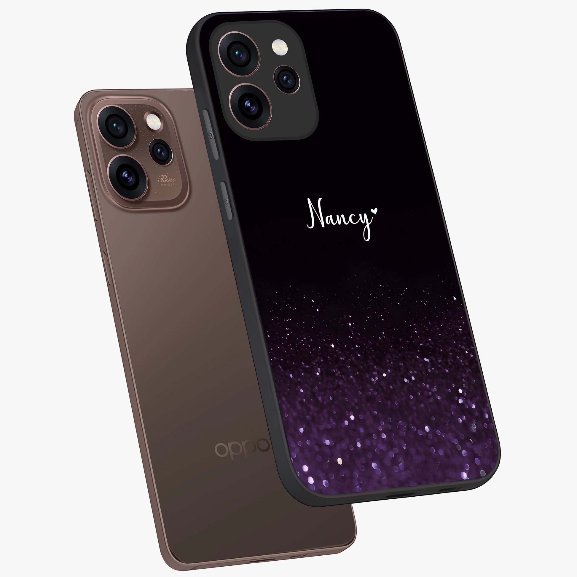 Glittery Purple Bokeh Custom Name Glass Case displayed in angled mockup highlighting glitter bokeh pattern with custom name feature.