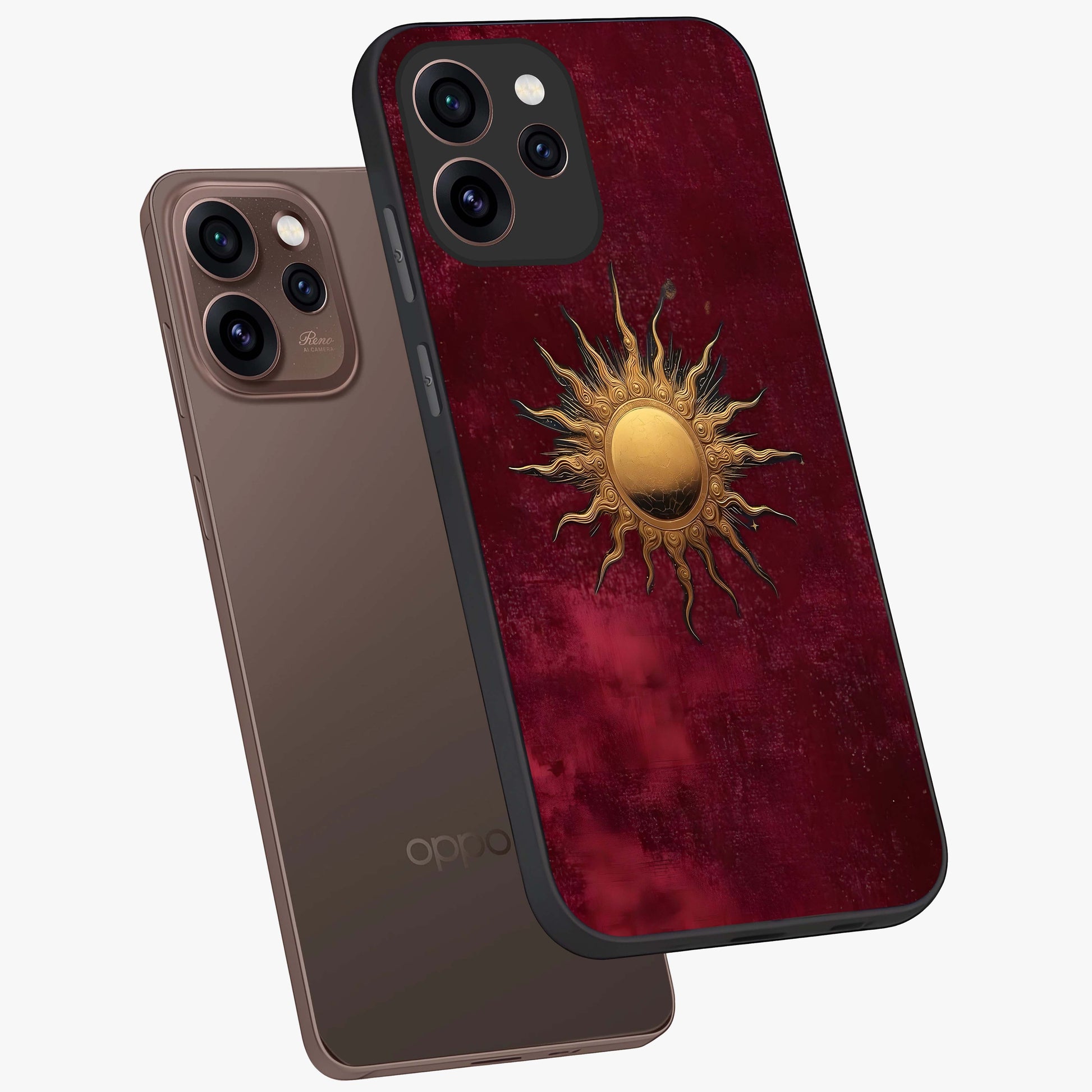 Golden Sun Minimalism Glass Case displayed in angled mockup highlighting clean sun symbol design with modern minimal aesthetic.