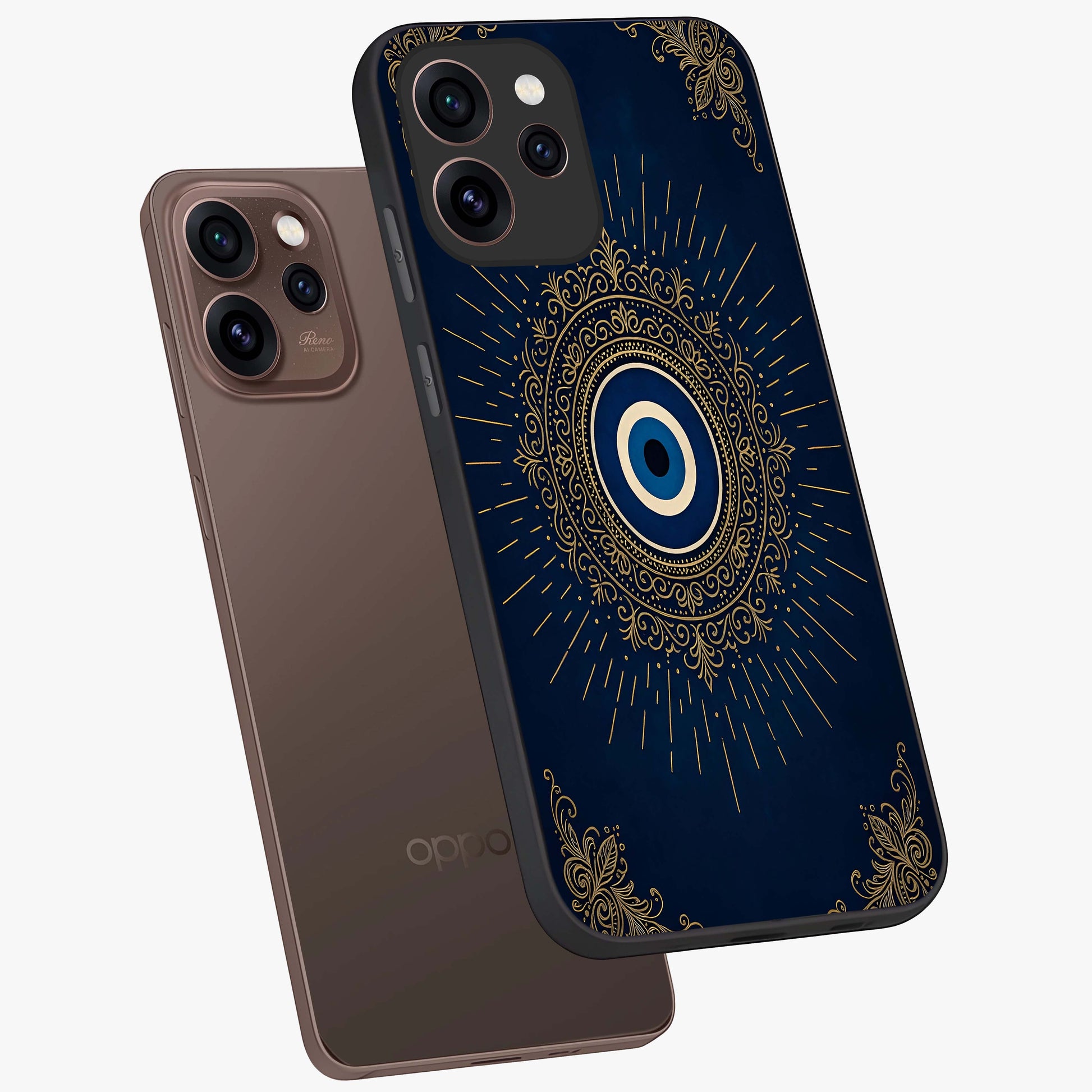Golden Celestial Charm Glass Case displayed in angled mockup highlighting sparkling cosmic charm design with celestial aesthetic.