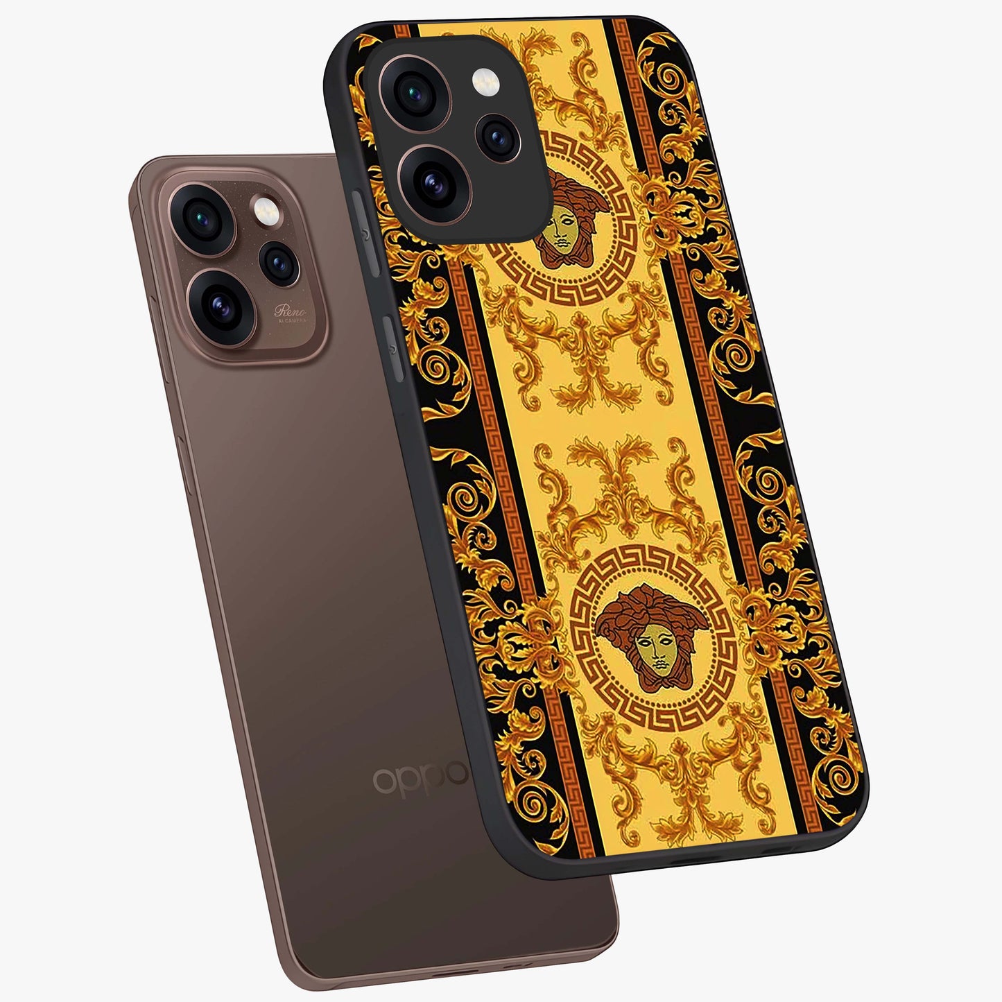 Golden Lotus Glow Glass Case displayed in angled mockup highlighting radiant lotus illustration with spiritual aesthetic.