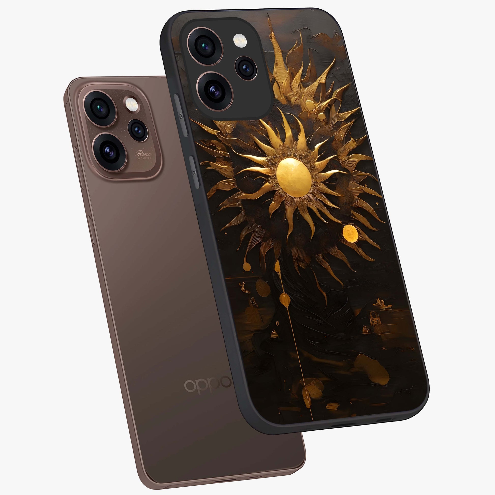 Golden Sun Majesty Glass Case displayed in angled mockup highlighting eerie shadow illustration with gothic aesthetic.