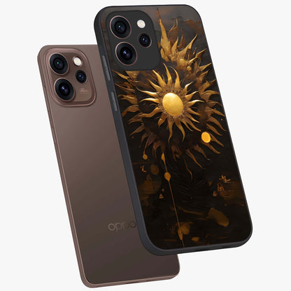 Golden Sun Majesty Glass Case displayed in angled mockup highlighting eerie shadow illustration with gothic aesthetic.