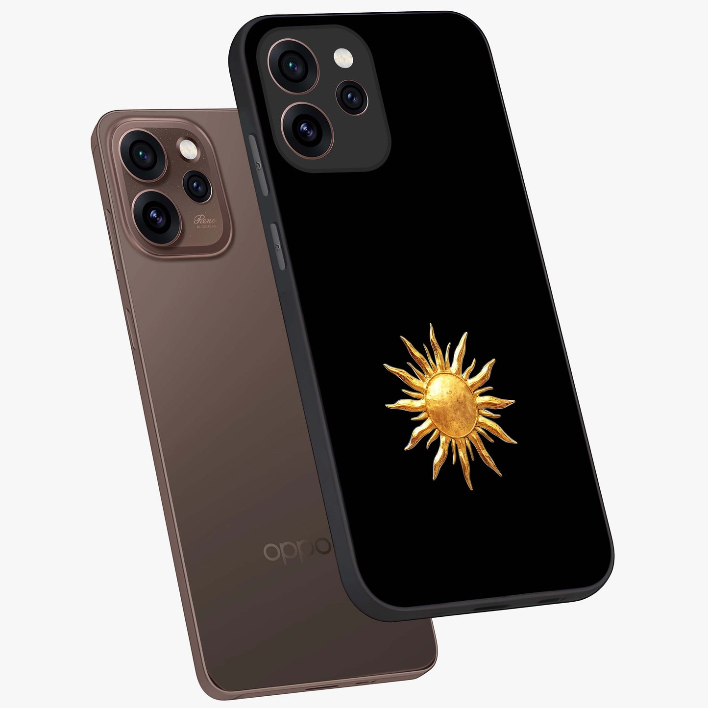 Golden Sun Minimalism Glass Case displayed in angled mockup highlighting eerie shadow illustration with gothic aesthetic.
