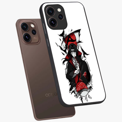Itachi Limited Edition Naruto Anime Glass Case displayed in angled mockup highlighting dramatic anime illustration with bold action aesthetic.