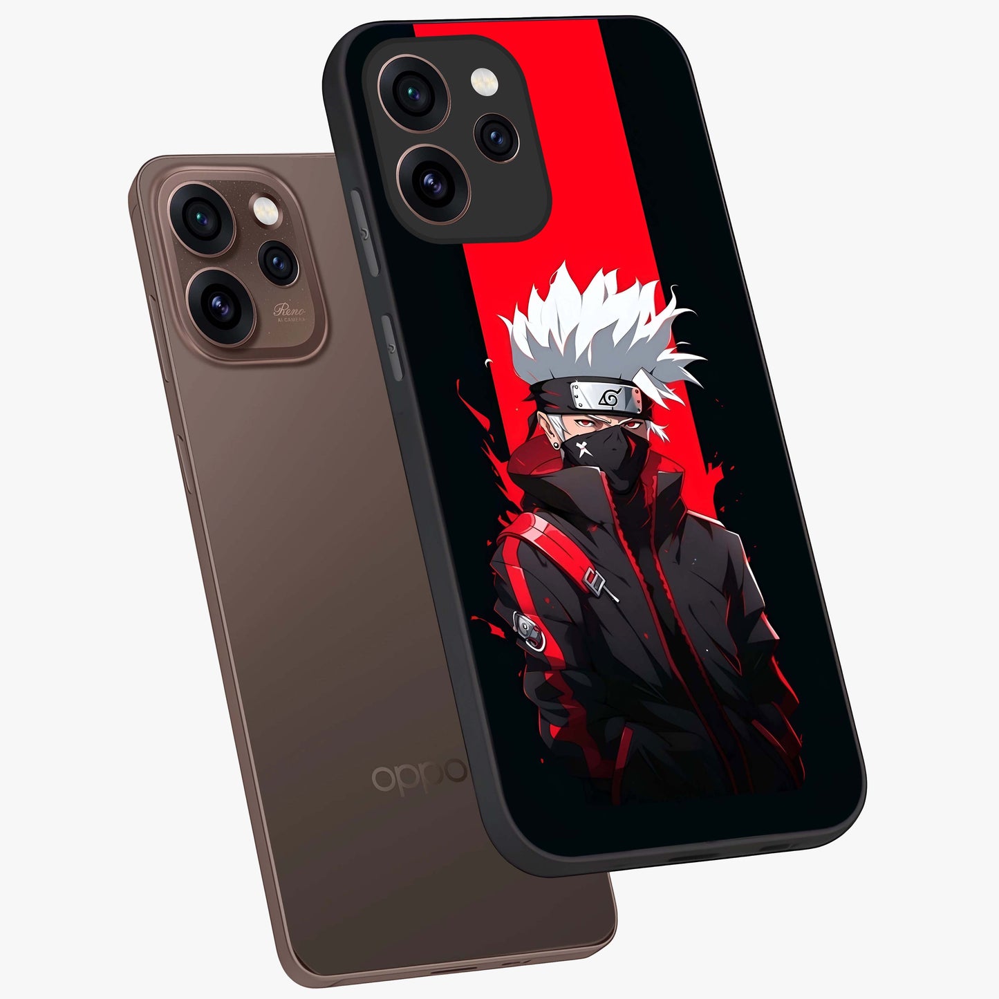 Kakashi Scarlet Shadow Glass Case displayed in angled mockup highlighting dramatic ninja illustration with scarlet themed aesthetic.