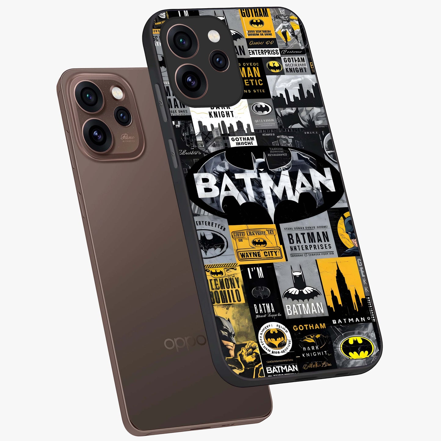 Knight Gotham Rise Glass Case displayed in angled mockup highlighting powerful knight silhouette design with dramatic aesthetic.