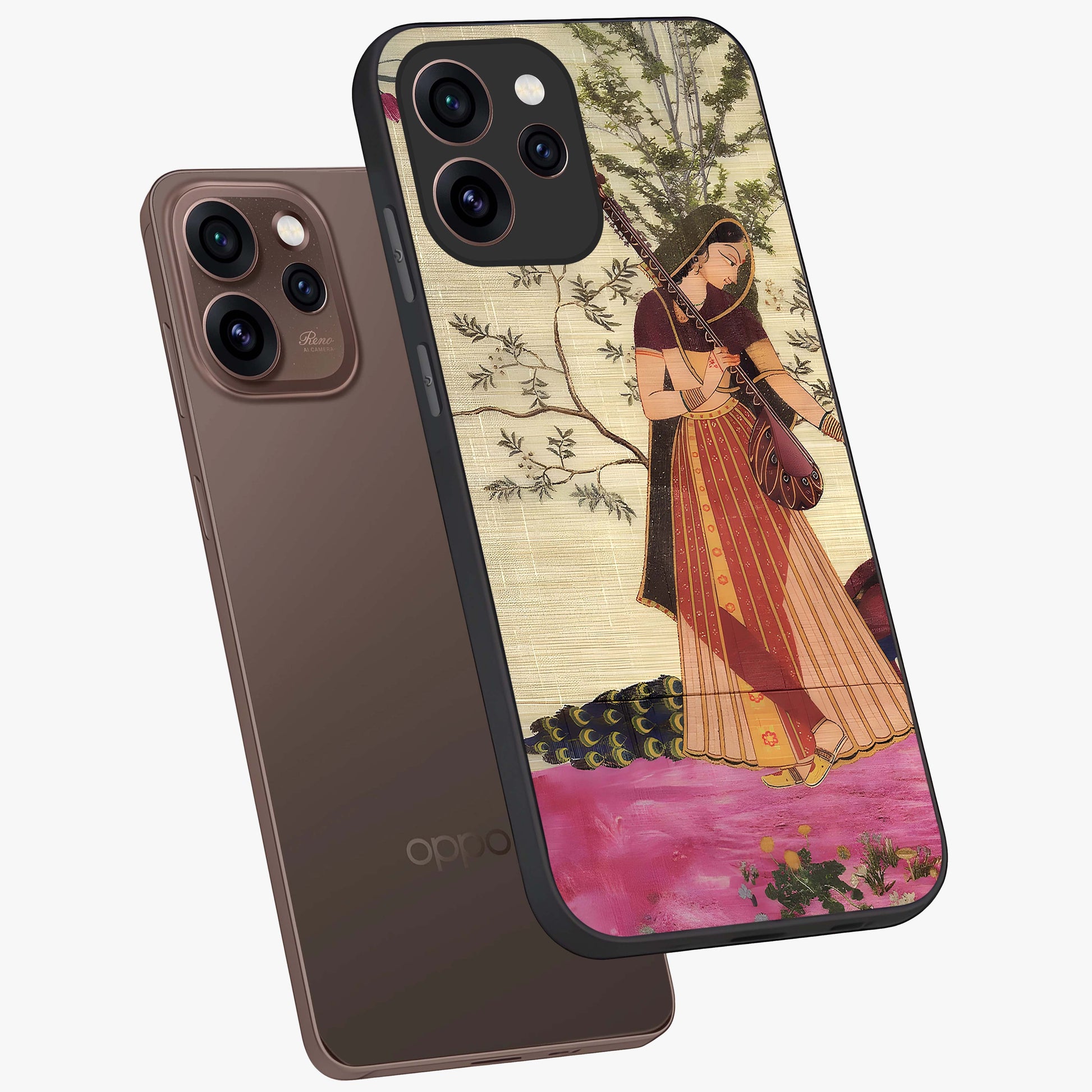 Lady With Veena Art Glass Case displayed in angled mockup highlighting graceful musical illustration with cultural artistic aesthetic.