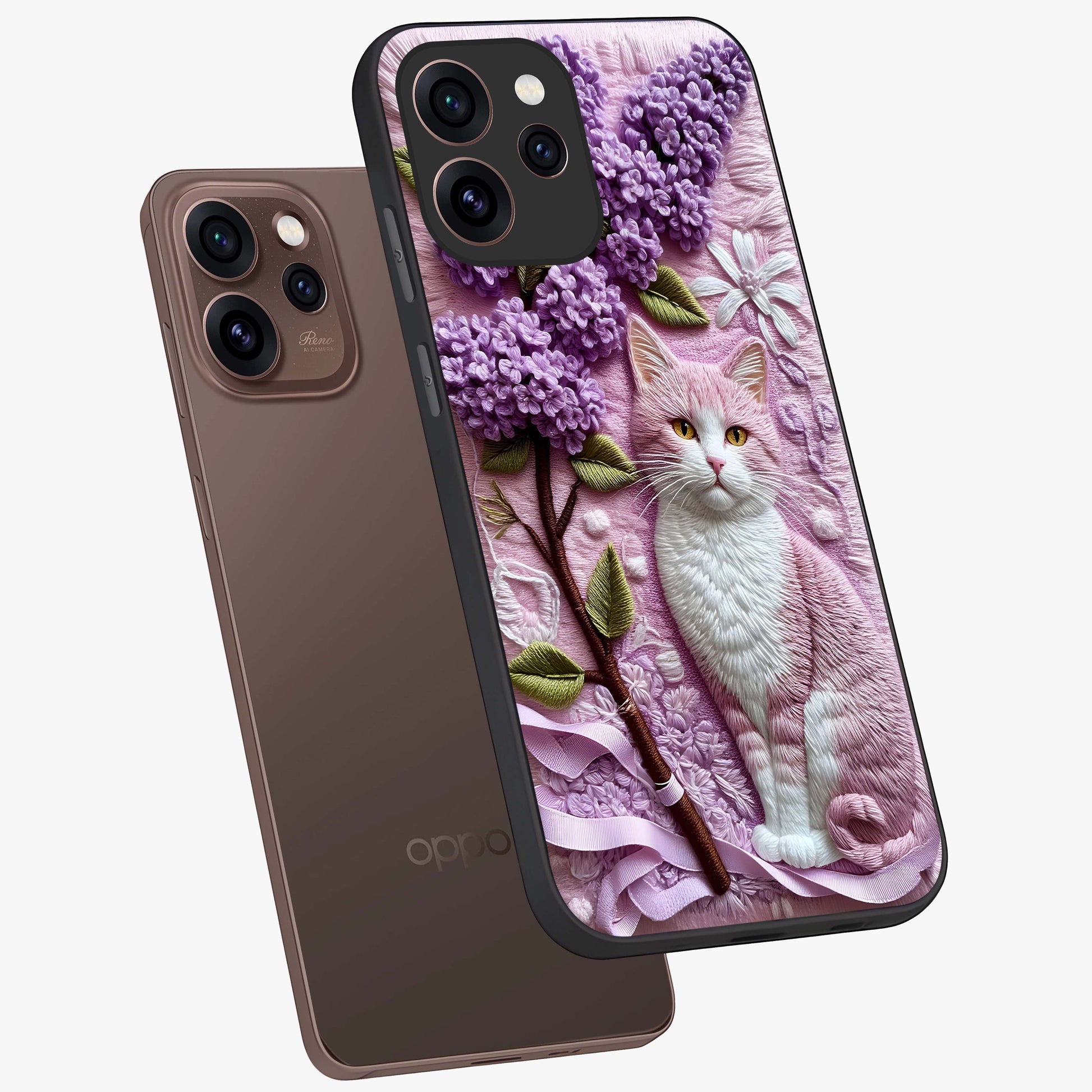 Lavender Cat Whimsy Glass Case displayed in angled mockup highlighting playful feline illustration with pastel lavender aesthetic.