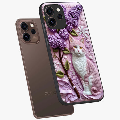 Lavender Cat Whimsy Glass Case displayed in angled mockup highlighting playful feline illustration with pastel lavender aesthetic.