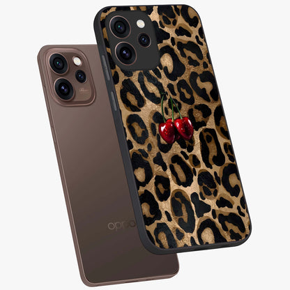 Leopard Wild Cherry Glass Case displayed in angled mockup highlighting bold animal print design with playful cherry aesthetic.