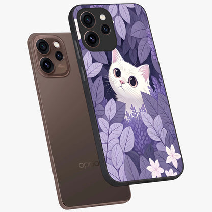 Lilac Hide Peek Cat Glass Case displayed in angled mockup highlighting playful feline illustration with lilac aesthetic design.