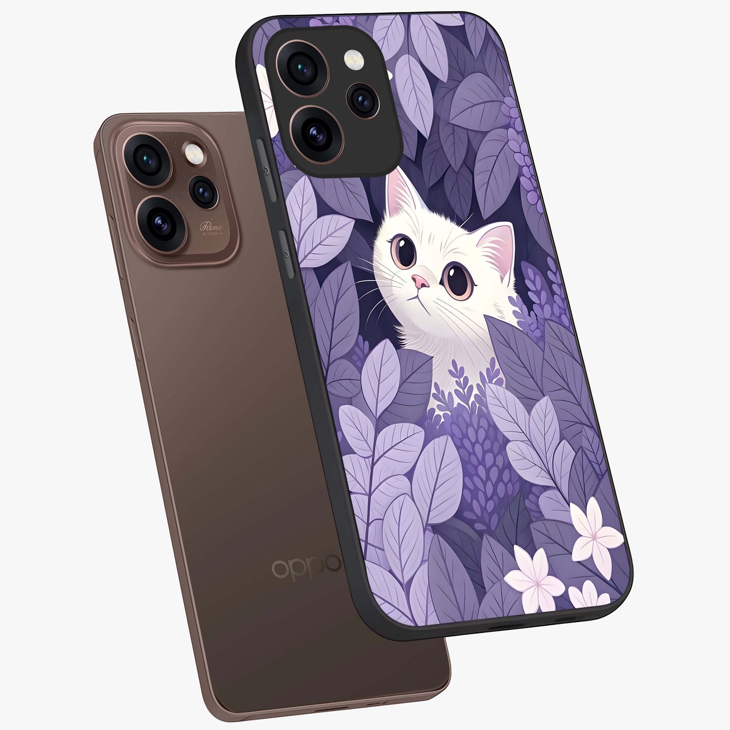 Lilac Hide Peek Cat Glass Case displayed in angled mockup highlighting playful feline illustration with lilac aesthetic design.