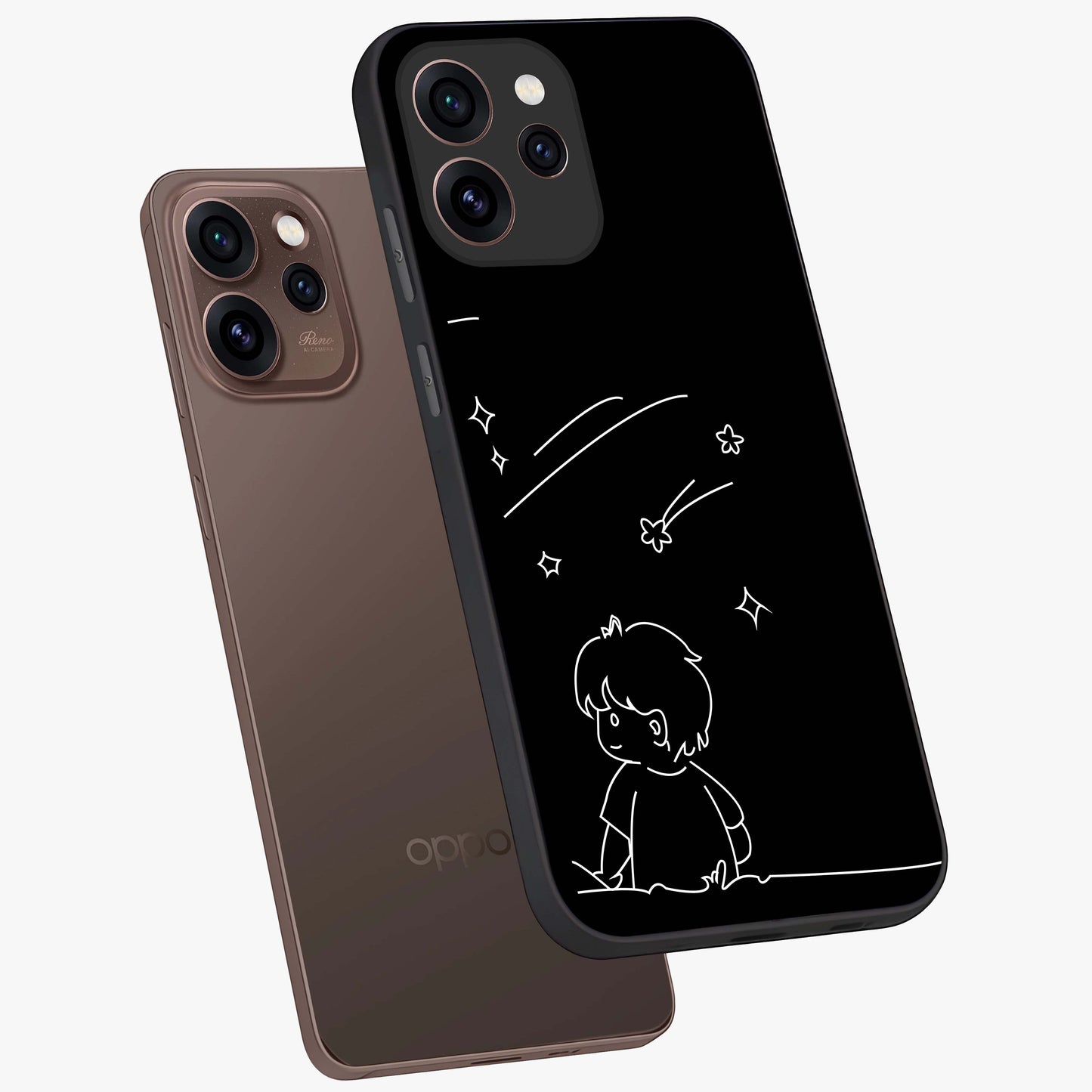 Line Art Boy With Shooting Stars Glass Case displayed in angled mockup highlighting elegant line art design with dreamy star aesthetic.