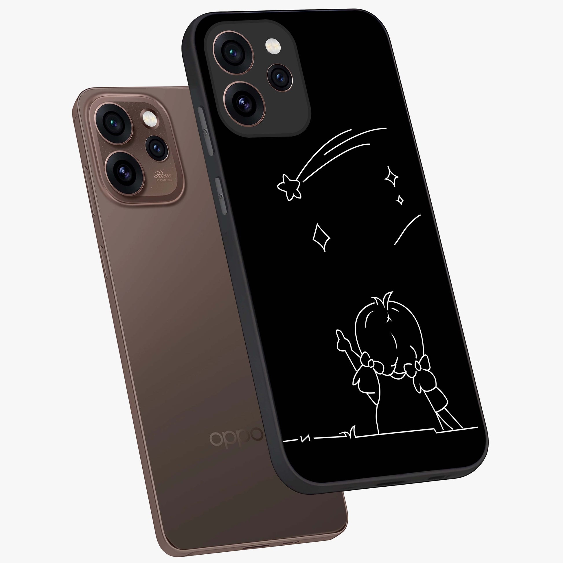 Line Art Girl With Shooting Stars Glass Case displayed in angled mockup highlighting elegant line art design with dreamy star aesthetic.