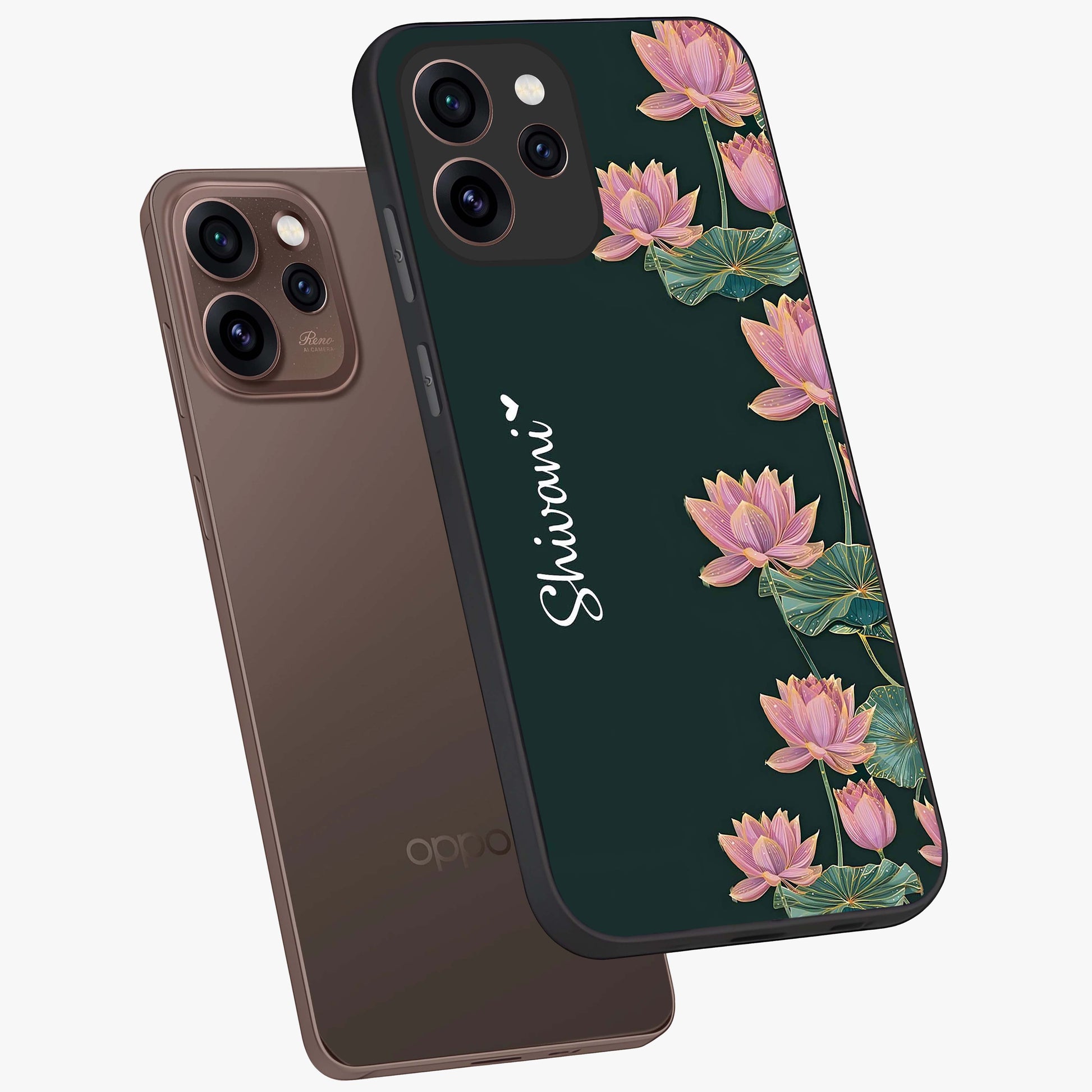 Lotus Bloom Serenity Custom Name Glass Case displayed in angled mockup highlighting graceful lotus illustration with custom name feature.
