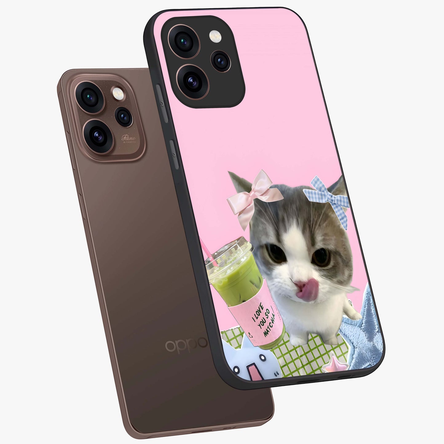 Love Matcha Cat Glass Case displayed in angled mockup highlighting playful feline illustration with cozy matcha aesthetic.