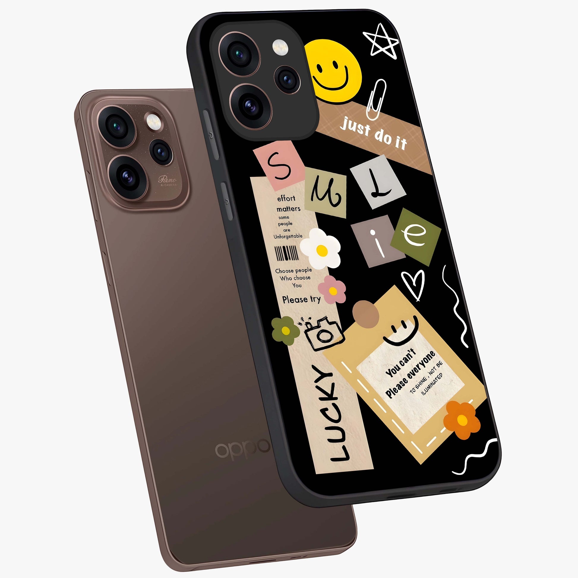 Lucky Aesthetic Collage Glass Case displayed in angled mockup highlighting stylish collage pattern with modern aesthetic vibe.