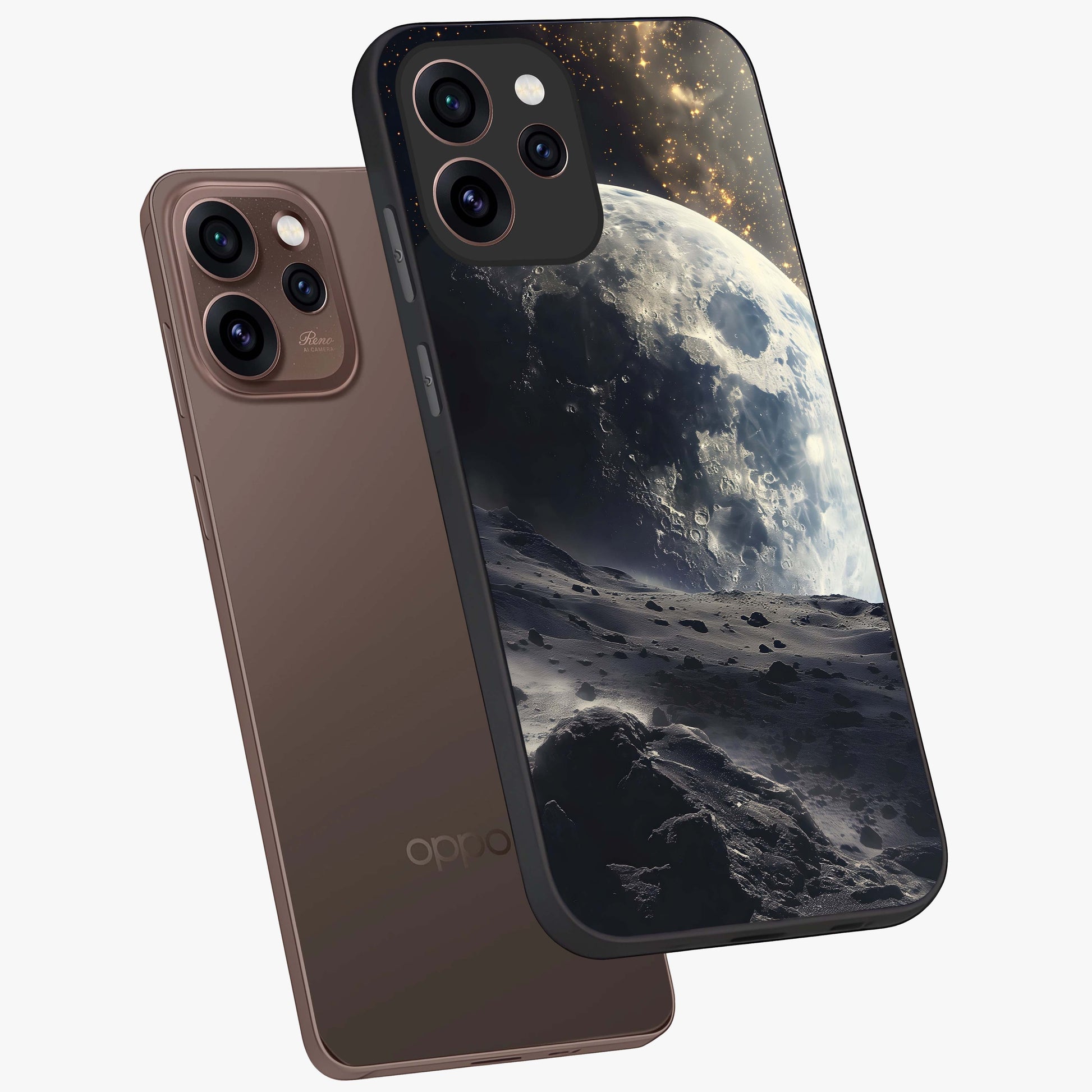 Lunar Horizon Glow Glass Case displayed in angled mockup highlighting celestial moon design with dreamy night aesthetic.
