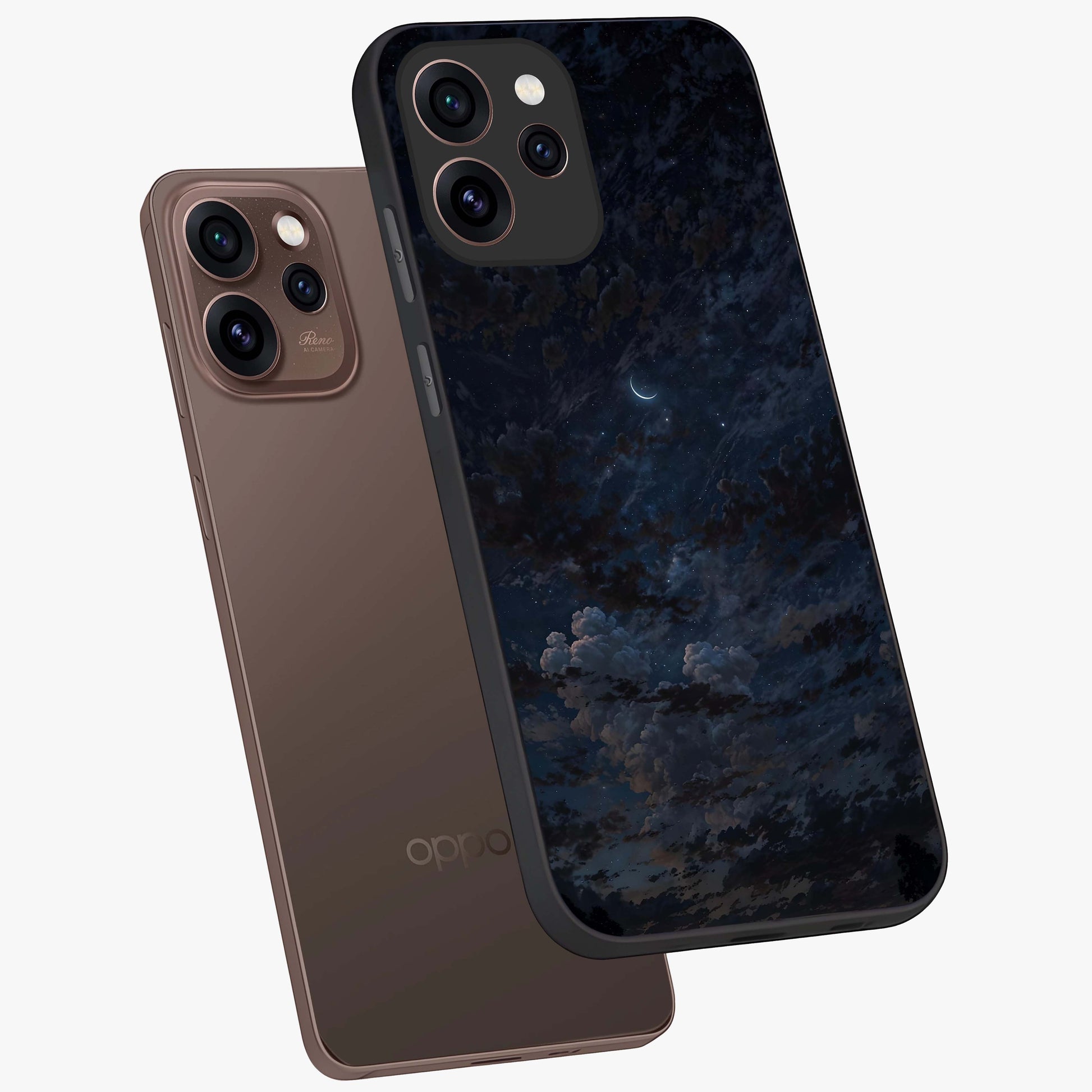 Lunar Veil Silence Glass Case displayed in angled mockup highlighting soft lunar design with peaceful celestial aesthetic.