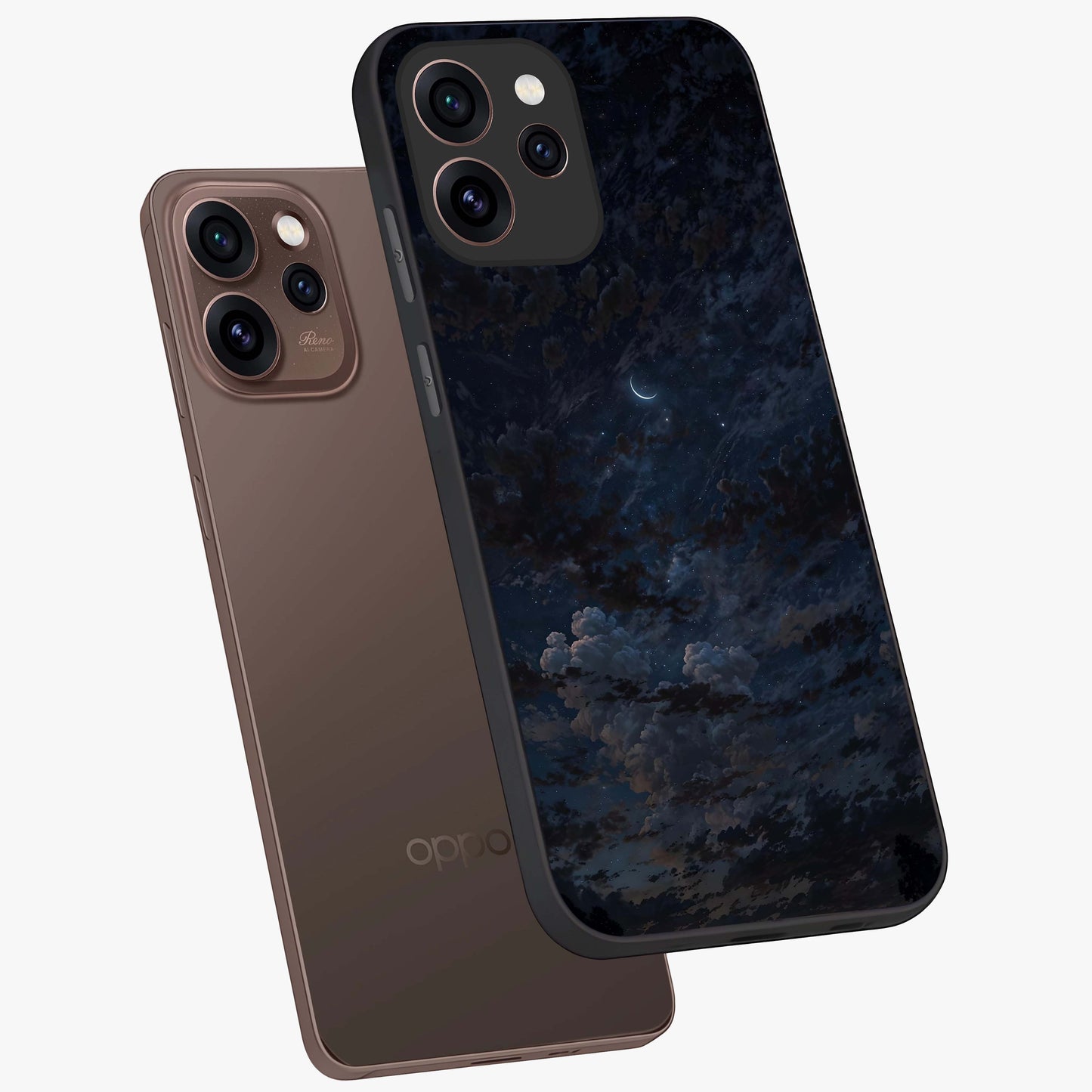 Lunar Veil Silence Glass Case displayed in angled mockup highlighting soft lunar design with peaceful celestial aesthetic.