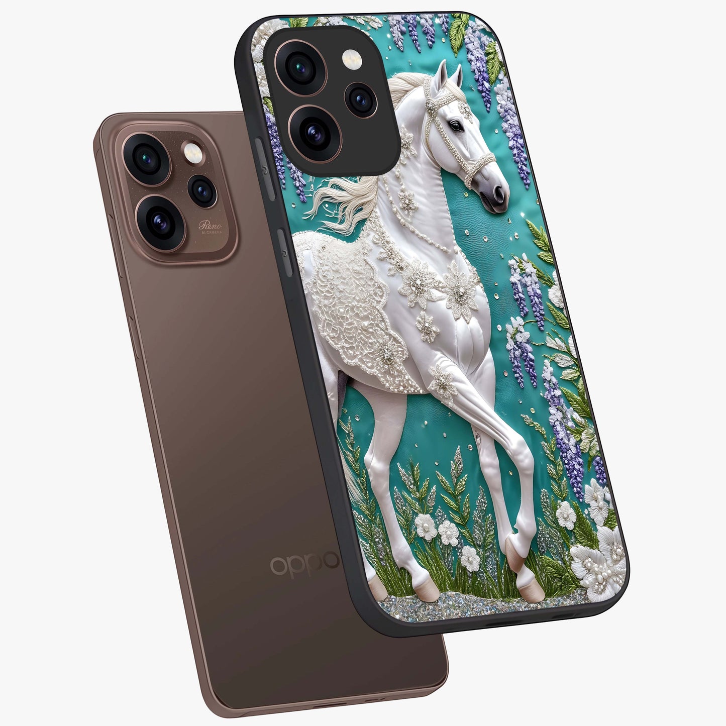 Majestic Floral Stallion Glass Case displayed in angled mockup highlighting majestic stallion illustration with elegant floral aesthetic.