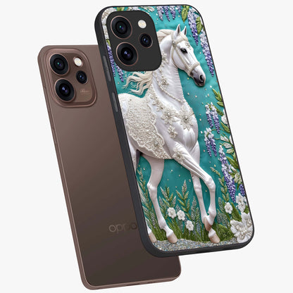 Majestic Floral Stallion Glass Case displayed in angled mockup highlighting majestic stallion illustration with elegant floral aesthetic.