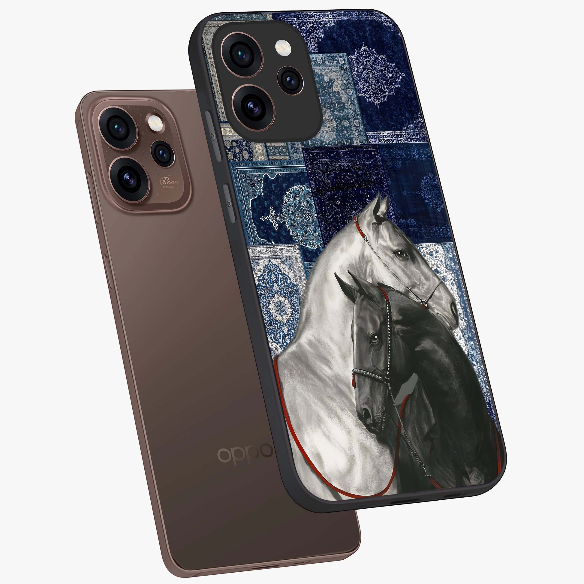 Midnight Stallion Blues Glass Case displayed in angled mockup highlighting powerful stallion illustration with deep midnight tones.