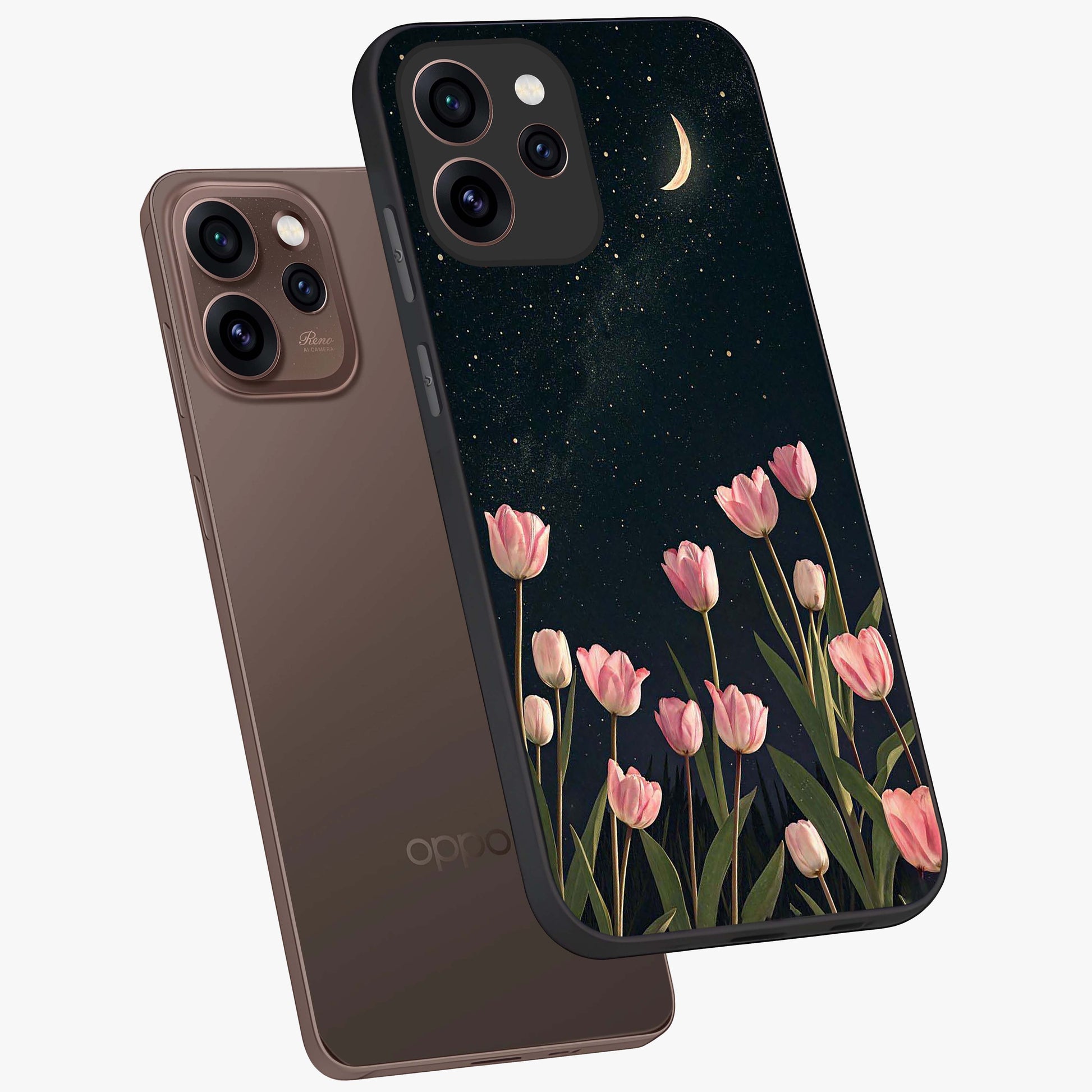 Midnight Tulip Whispers Vibe Glass Case displayed in angled mockup highlighting delicate tulip design with midnight floral aesthetic.