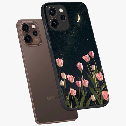 Midnight Tulip Whispers Vibe Glass Case displayed in angled mockup highlighting delicate tulip design with midnight floral aesthetic.