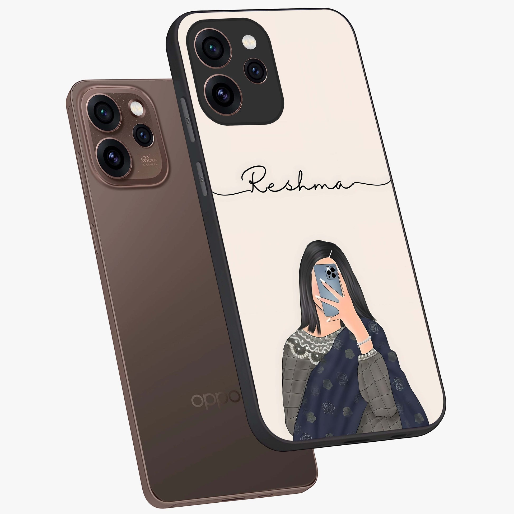 Mirror Mood Muse With Custom Name Glass Case displayed in angled mockup highlighting aesthetic mirror inspired design with custom name feature.