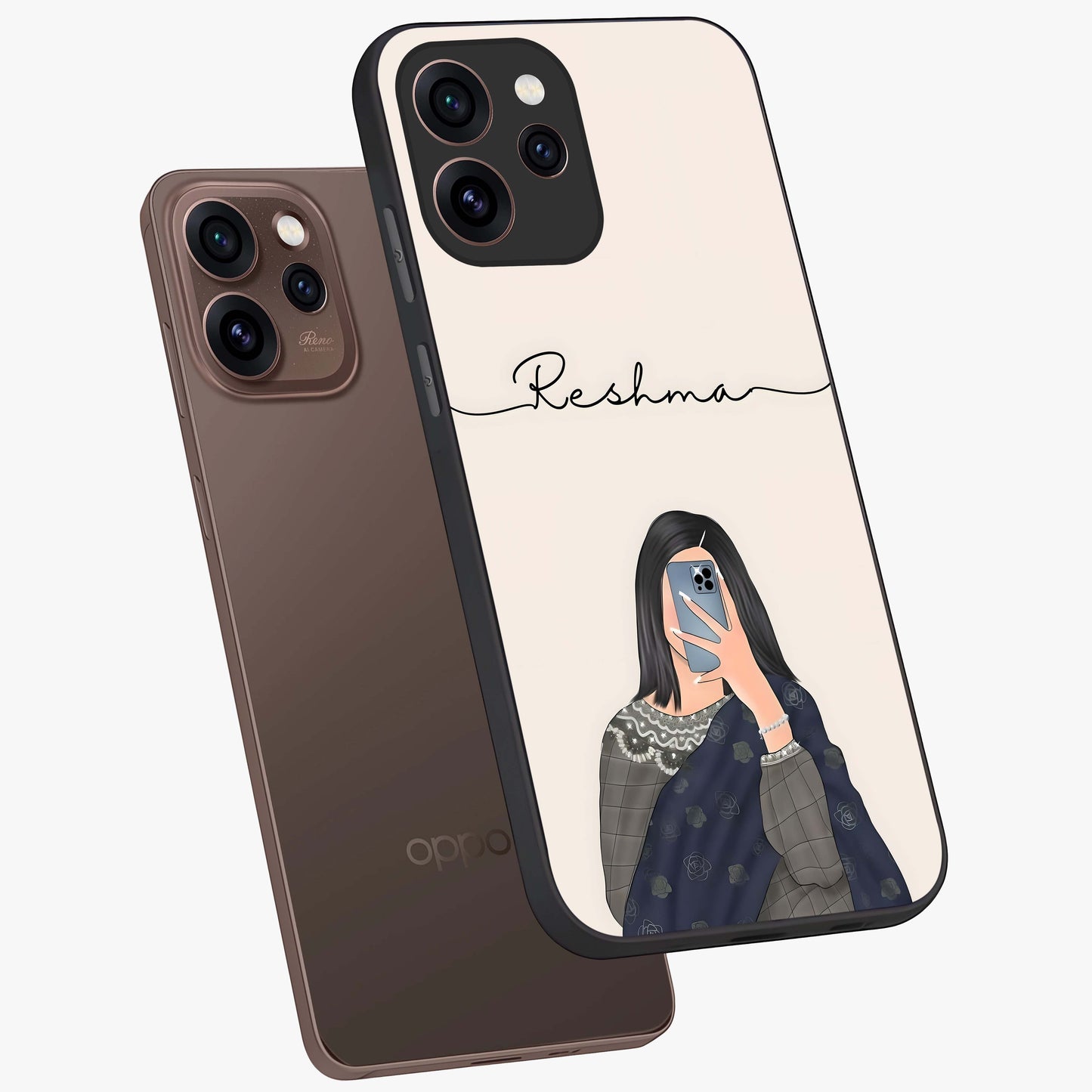 Mirror Mood Muse With Custom Name Glass Case displayed in angled mockup highlighting aesthetic mirror inspired design with custom name feature.
