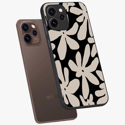 Monochrome Petal Dance Glass Case displayed in angled mockup highlighting elegant petal design with black and white aesthetic.
