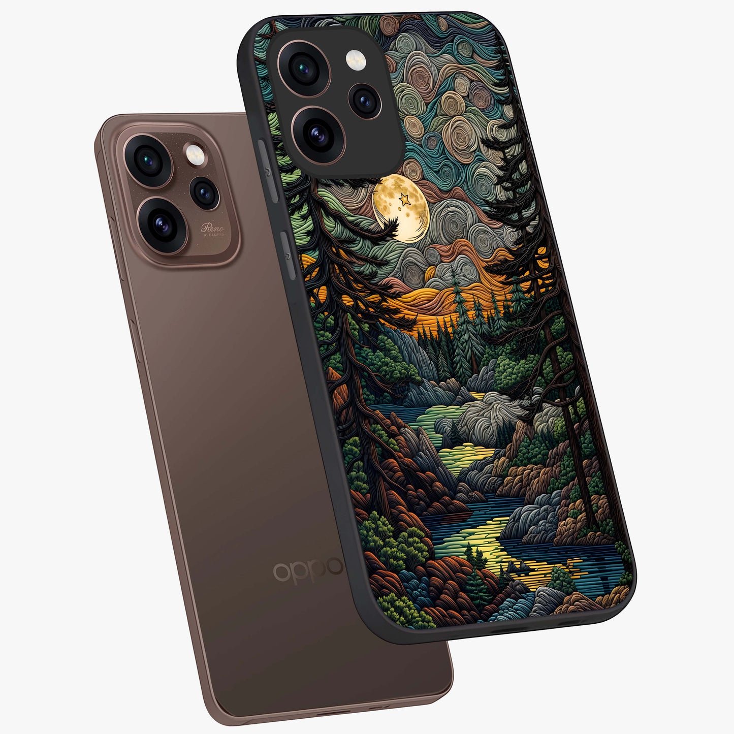 Moonlight Forest Dream Glass Case displayed in angled mockup highlighting dreamy forest design with glowing moon aesthetic.