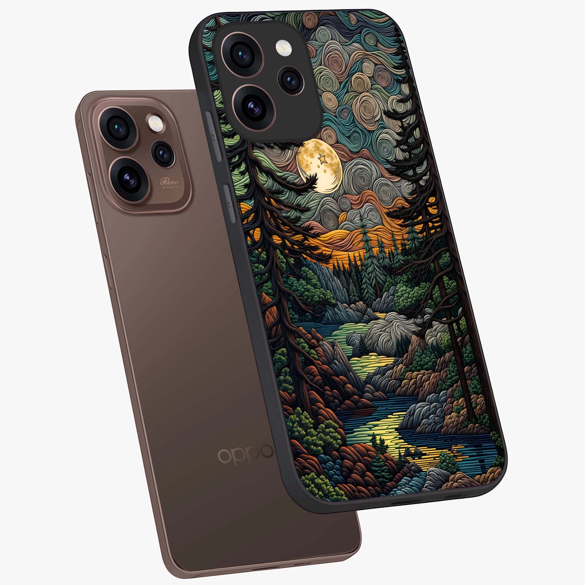 Moonlight Forest Dream Glass Case displayed in angled mockup highlighting dreamy forest design with glowing moon aesthetic.