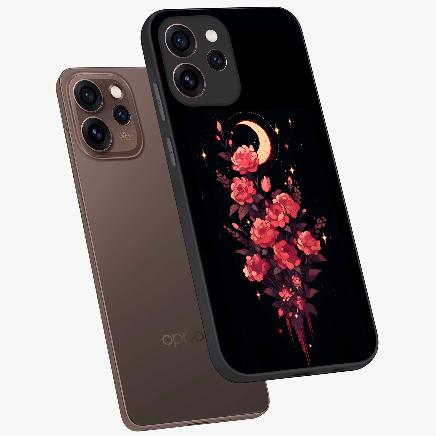 Moonlit Floral Elegance Glass Case displayed in angled mockup highlighting graceful flower design with soft moonlight aesthetic.